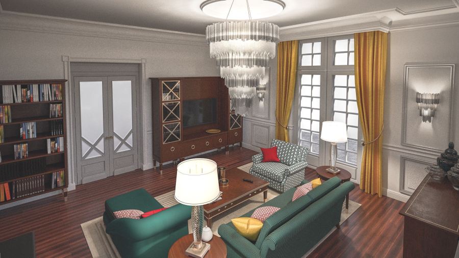 Szalon helyiség látványterv, központban a  csillárral. Render: Rideg Marcell