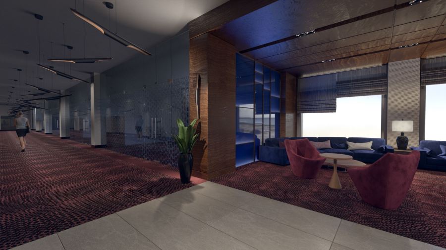 Lobbi közlekedő, látványterv. Render: Rideg Marcell