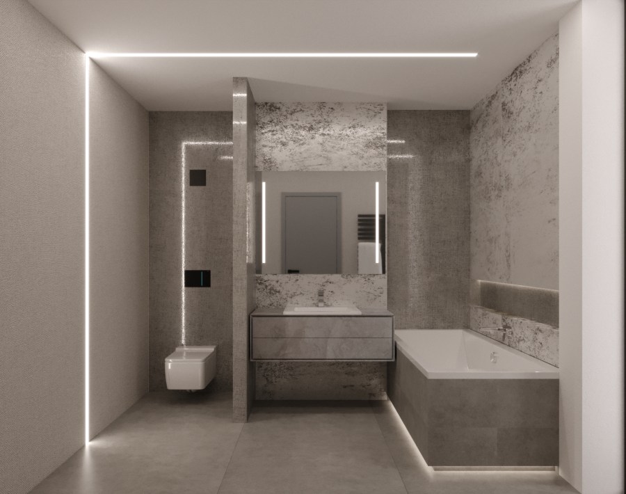 A monokróm színvilágú kádas vendég fürdőszobába fénylő kőfurnér burkolatot választottunk