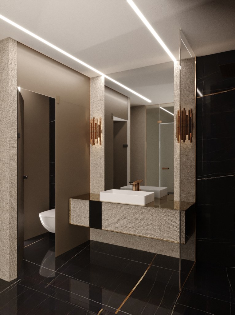 A tusolóban matt üvegfallal szeparált a WC