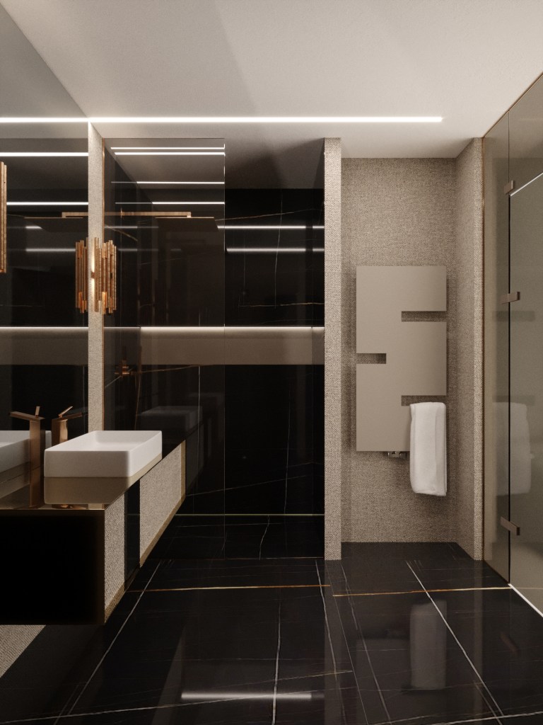 Sahara noir magasfényű márvány, textil hatású tapéta és arany kiegészítők a hálószobához tartozó tusolóban