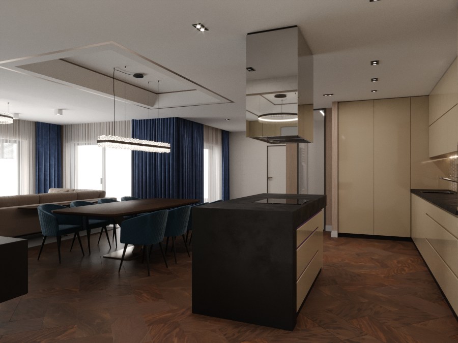 A sötét dió fa parketta és az ecrü konyhabútor mellé sötétkék kárpitokat választottunk