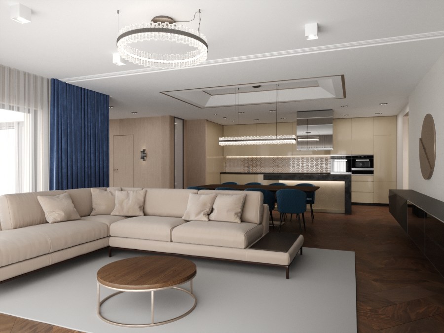 Tágas nappali-étkező, háttérben a minden igényt kiszolgáló konyhával