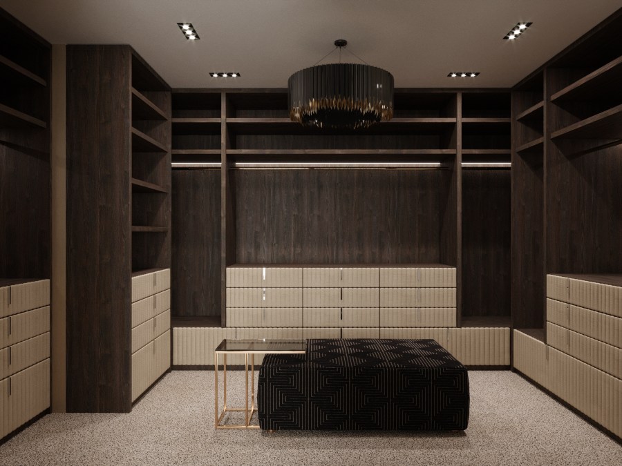 Egyedi tervezésű és gyártású a hálószoba teljes berendezése, így a bőr kárpit betétes gardrób is