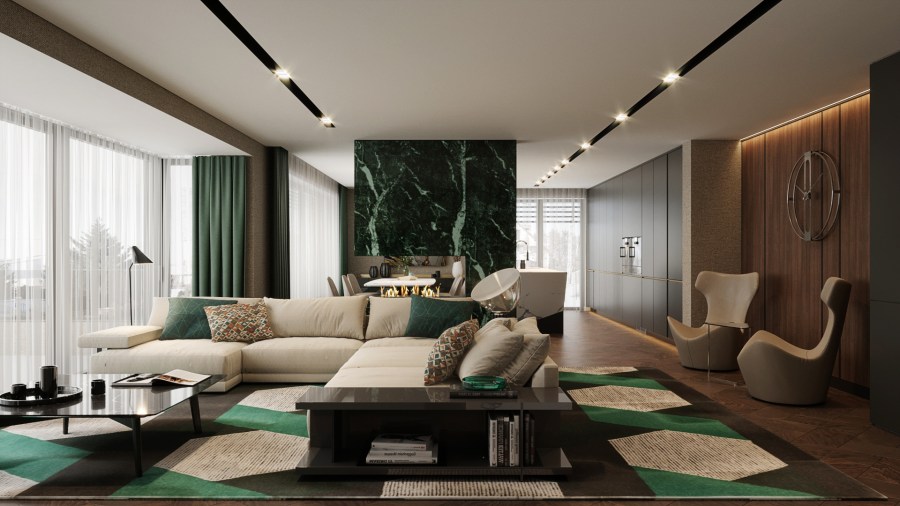 A nappali terétől impozáns smaragd márványburkolatos kandalló szeparálja a konyha-étkezőt