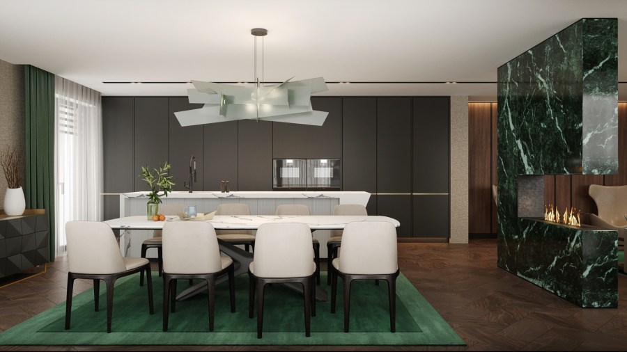 A sötétzöld gyapjúszőnyegre helyezett fehér márványlapos étkezőbútor különleges eleganciájú