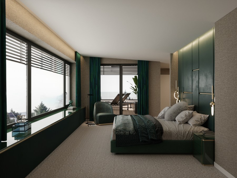 A szülői háló színvilága következetesen kapcsolódik a lakás közös tereihez