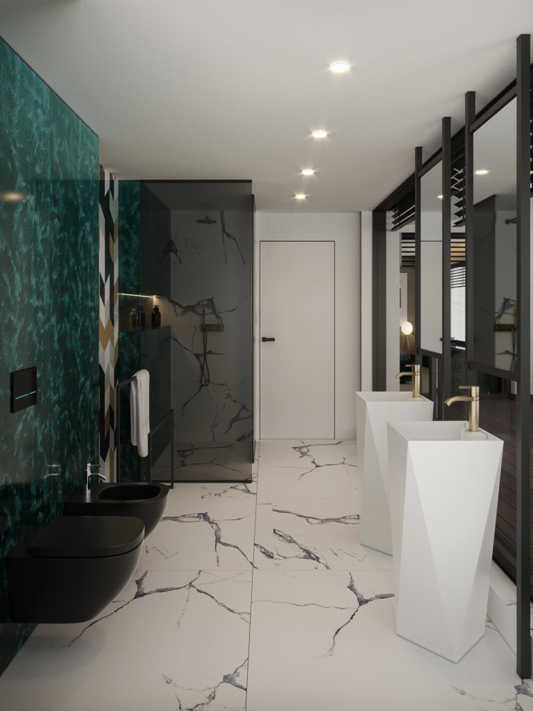 A hálóhoz tartozó tusoló ékei a térben álló mosdók