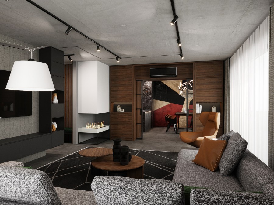 A nappali-étkező bútorba rejtett üveg tolóajtóval szeparálható