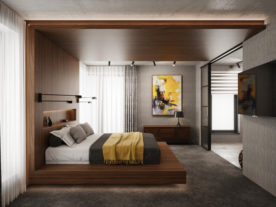 Üveg tolóajtó szeparálja a hálószobával egy térben lévő fürdőszobát