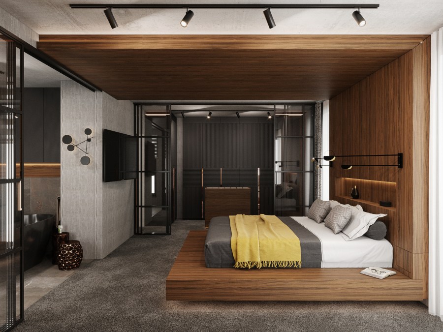 Háló-gardrób-fürdőszoba egysége, középpontban a hagy hangsúllyal bíró ágy komplexummal