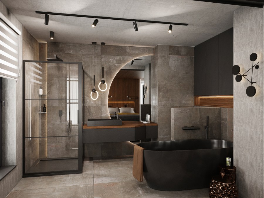 A mennyezetig futó matt kerámia burkolatok és a fekete szaniterek mellett itt is visszaköszön a hálószobában lévő fafelület.